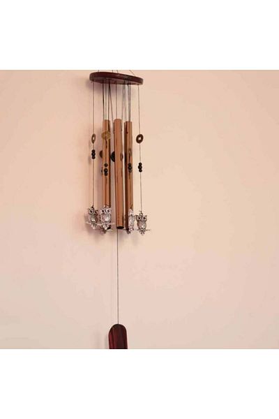 PUFO Clopoțel de vânt cu 6 tuburi sonore metalice aurii pentru casă sau grădină, model Feng-Shui cu bufnițe și monede