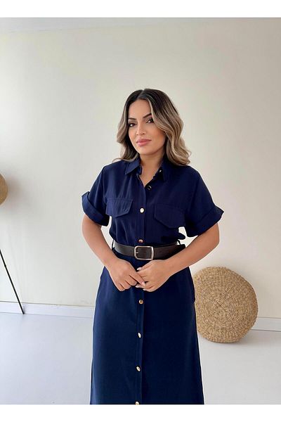 SEDA FİDAN Rochie cămașă midi cu curea Albastru închis
