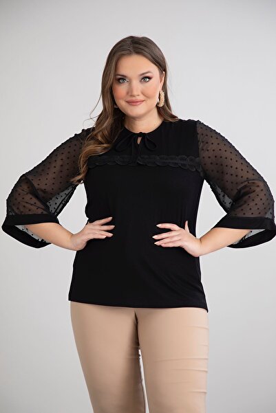 FOR ESRA BIG TREND Women's Large Size Sleeve Patterned Chiffon Front Ruffle Accessory Detail Collar Tie Flexible Viscose Blouse