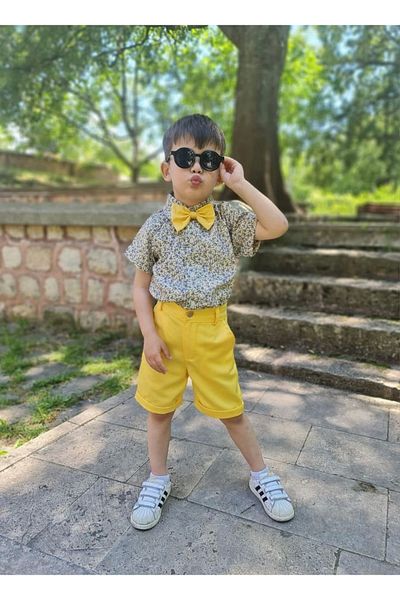 Bee Shop Collection Gurbet Yılmaz Boy's Poplin Shirt Bow Tie and Shorts Combination