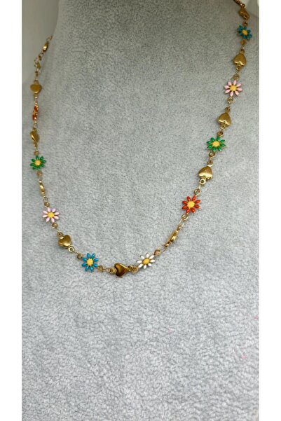 ZD JEWELRY Çelik 316L Kararmaz Kalp Papatya Çiçek Motifli Renkli Kadın Kolye