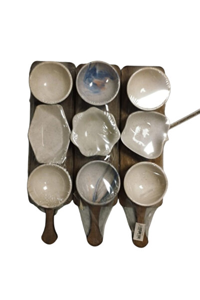 çaycup Porselen Servis 3’lü Ahşap Sunum Sosluk, Çerezlik - 12 Parça