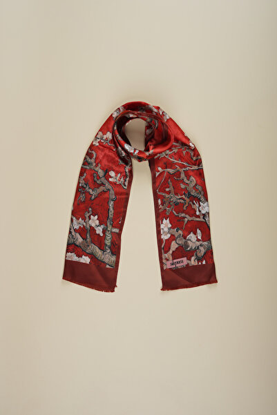 silqoora %100 İpek Şal Fular (27x135 CM)-Vincent Van Gogh(Badem Ağacı Kırmızı)