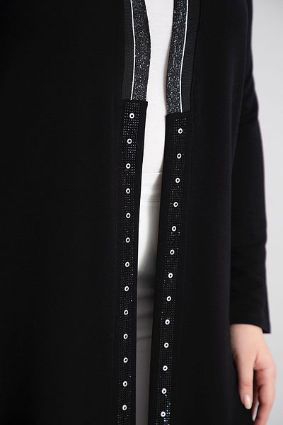 FOR ESRA BIG TREND Women's Large Size Black Collar Shiny and Eyelet Detail Front Open Long Viscose Cardigan