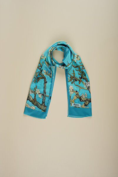 silqoora وشاح شال حرير 100% (27x135 سم)-فنسنت فان جوخ (شجرة اللوز الفيروزية)