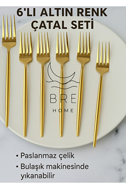 BRE HOME 6 adet paslanmaz çelik gold titanyum kaplama yemek çatalı