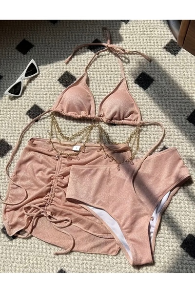 Lilly Bikini Set with Rhinestones and Chain - 3 Piece Set with Skirt