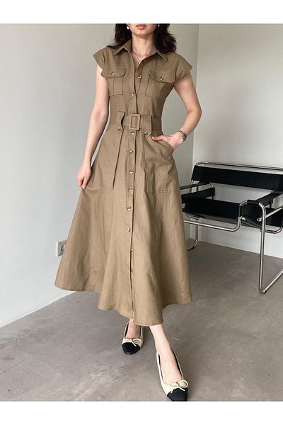 Bade Butik Кафява рокля с копчета и колан