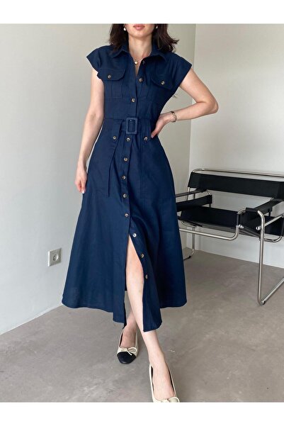 Bade Butik Navy Blue Button Detailed Belted Dress