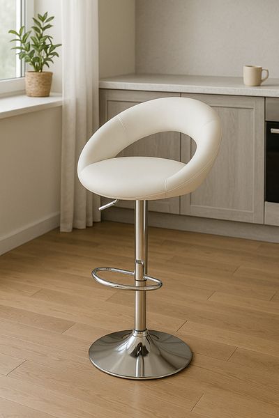 MARIA HOMES Modern Adjustable White Bar Stool With Chrome Base And Footrest – Sleek Seating For Home Or Bar Use