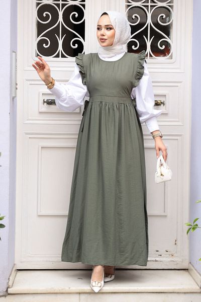 N.S NEVA STYLE Φόρεμα με βολάν Λεπτομερές Χακί Hijab Gilet 17051HK