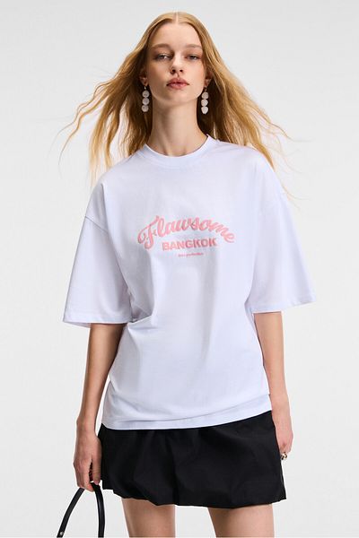GRIMELANGE Karoliska Women's 100% Cotton Oversize Fit Short Sleeve Round Neck White T-Shirt