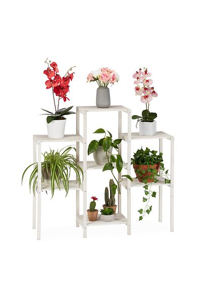 Relaxdays Suport pentru flori din lemn cu 6 rafturi, alb, 86,5 x 95 x 29,5 cm