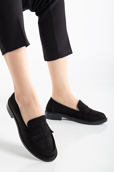 Entella Store Kadın Loafer Püsküllü Siyah Süet Günlük Ayakkabı