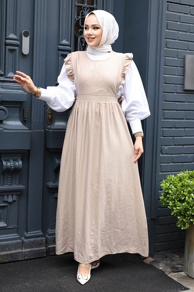 N.S NEVA STYLE Βολάν Λεπτομερές Σκούρο Μπεζ Φόρεμα Hijab Gilet 17051KBEJ