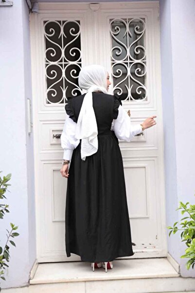 N.S NEVA STYLE Ruffle Detailed Black Hijab Gilet Dress 17051S