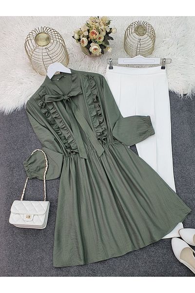 Modamorfo Ruffled Ayrobin Tunic with Lace-Up Collar - Khaki