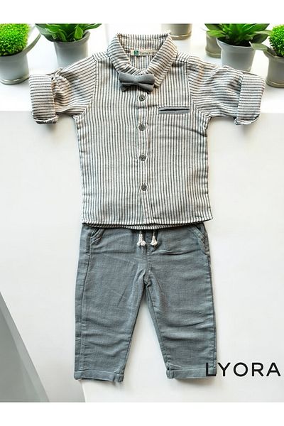 Cattac Kids 100% Cotton Boy's Suit – Green Striped Linen Shirt & Trousers with Bow Tie |   Daily & Holiday