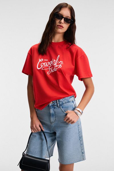 GRIMELANGE Rivela Women's 100% Cotton Regular Fit Printed Crew Neck Short Sleeve Red T-Shirt