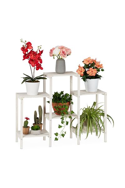 Relaxdays Suport pentru flori din lemn cu 6 rafturi, alb, 70 x 89 x 26,5 cm
