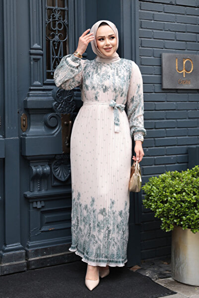 N.S NEVA STYLE Πράσινο Χιτζάμπ Φόρεμα Σιφόν με Πλέγμα 23501Y