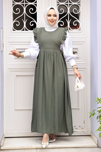 N.S NEVA STYLE Φόρεμα με βολάν Λεπτομερές Χακί Hijab Gilet 17051HK