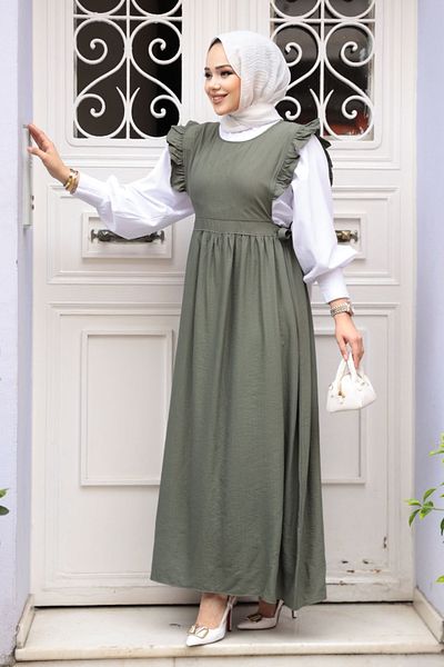 N.S NEVA STYLE Φόρεμα με βολάν Λεπτομερές Χακί Hijab Gilet 17051HK