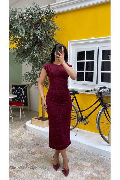 My crasia Crasia Crasia Kadın Omuz Vatkalı Belden Drapeli Işıltılı Kalem Elbise 3709