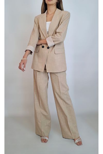 oyagüler Women Beige Double Breasted Jacket Pants Linen Suit Yy 101220