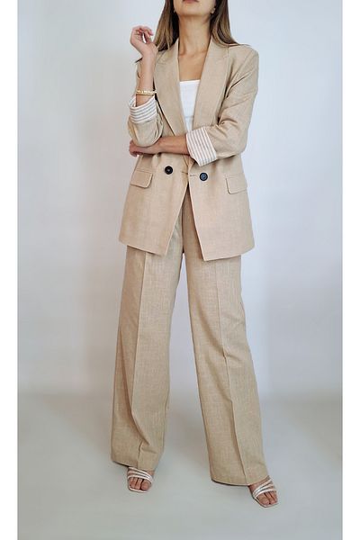oyagüler Women Beige Double Breasted Jacket Pants Linen Suit Yy 101220