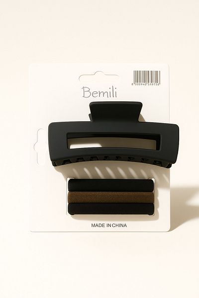 Srctech Rectangular Black Latch Buckle and Hair Rubber Barrette Set
