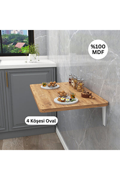 Kydonia Home 45x72 Cm Oval Köşeli Duvara Monte Çam Ahşap Desenli Mdf Lam Kırma Oval Köşeli Katlanır Masa