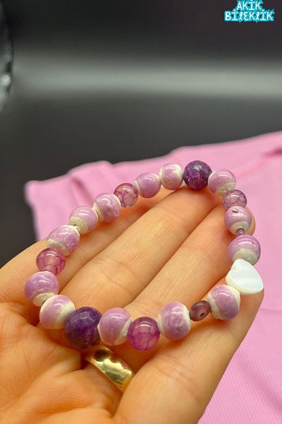 Balzamin Design Handmade Purple Agate, Ceyt Jade Stone and Heart Bracelet