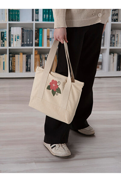 SWITA Punch Embroidered Patterned Linen Shoulder Bag, Beach Bag, Handbag 100% Cotton 36X29 cm