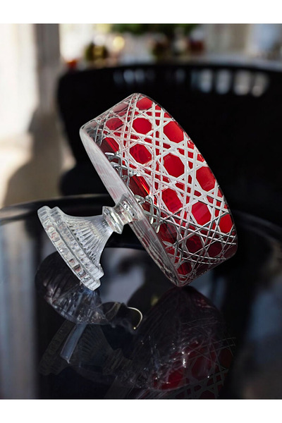 AYZ HOME 25cm Footed Colorful Cut Crystal Glass Bowl Red Christmas Tableware Decor