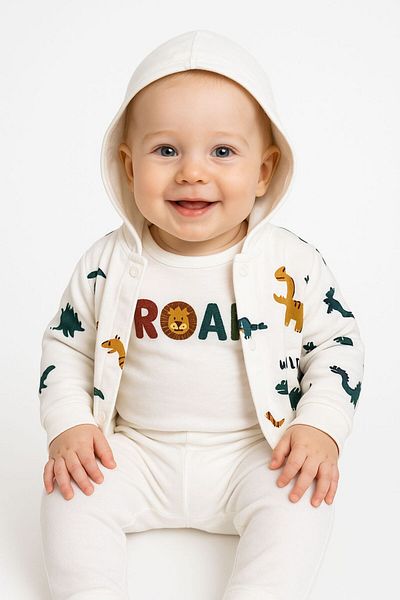 Trend Bebe Butik Baby Boy 3-Piece Dinosaur Themed Set |   Roar Body Cardigan Pants Set 0-9 Months Baby Outfit Cotton