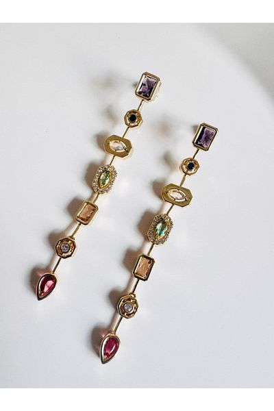 DEVİ fashion Baguette Zircon Stone Dangle Earrings 8 cm