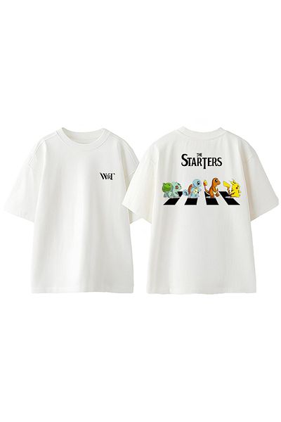THEWERT Pokemon the Starters Design Back Printed Cotton White Oversize T-Shirt