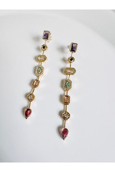 DEVİ fashion Baguette Zircon Stone Dangle Earrings 8 cm