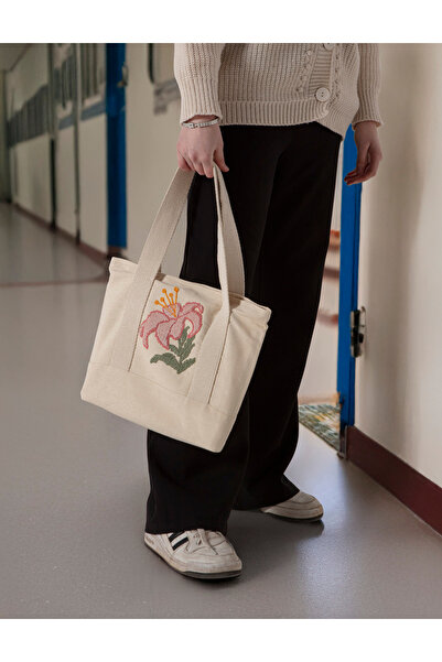 SWITA Punch Embroidered Patterned Linen Shoulder Bag, Beach Bag, Handbag 100% Cotton 36X29 cm