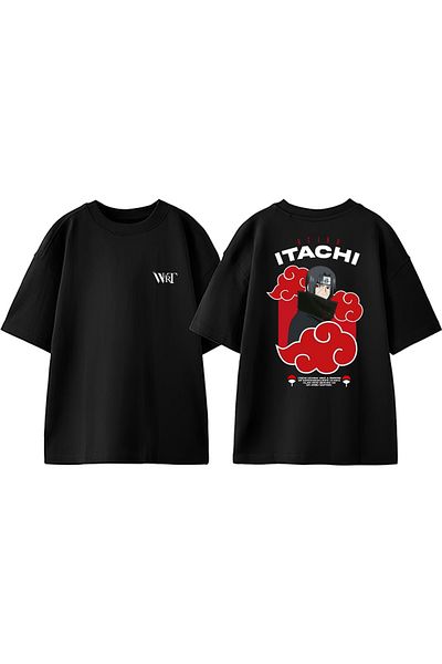THEWERT Tricou oversize negru din bumbac cu imprimeu pe spate Ucıha Itachı