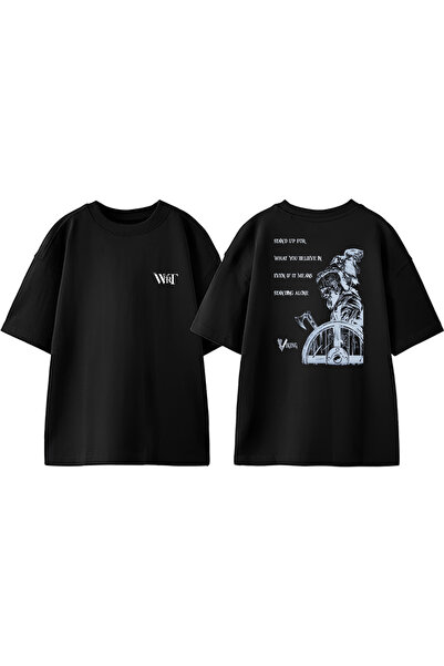 THEWERT Tricou supradimensionat negru din bumbac cu imprimeu pe spate Viking ...
