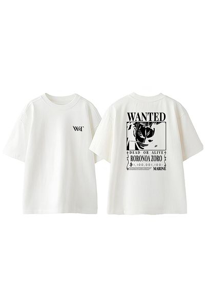 THEWERT Roronoa Zoro Wanted Design Back Printed Cotton White Oversize T-Shirt