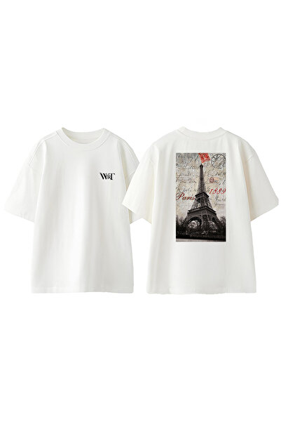 THEWERT Paris 1889 Tricou supradimensionat alb din bumbac cu imprimeu pe spate