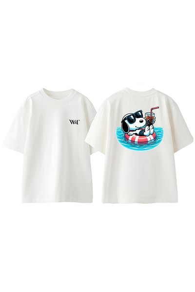 THEWERT Snoopy Lifebuoy Design Back Printed Cotton White Oversize T-Shirt