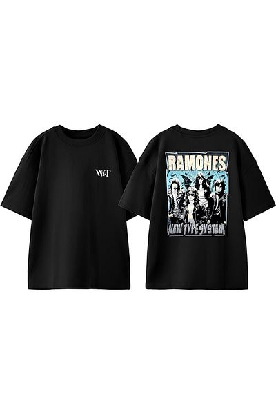 THEWERT Ramones New Type System Design Back Printed Cotton Black Oversize T-Shirt