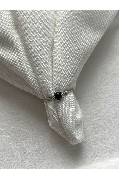 Pel Design Minimal Black Tourmaline Stone Adjustable Silver Wire Ring