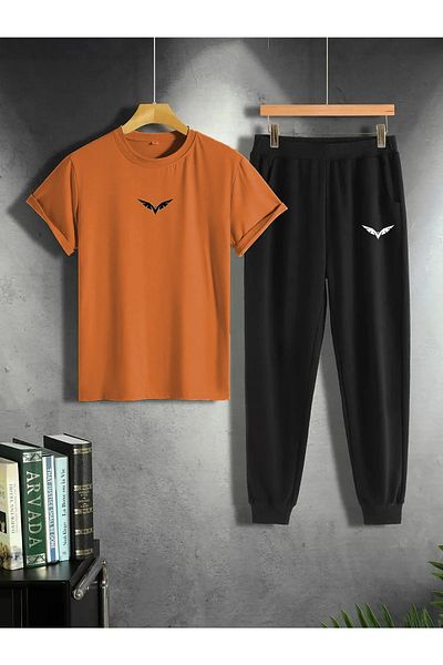Modern Moda Beige T-shirt Black Sweatpants Jogger- Printed Bottom Top Tracksuit Set Oversize Crew Neck