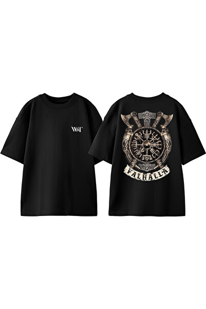 THEWERT Tricou supradimensionat negru din bumbac cu imprimeu pe spate Valhall...