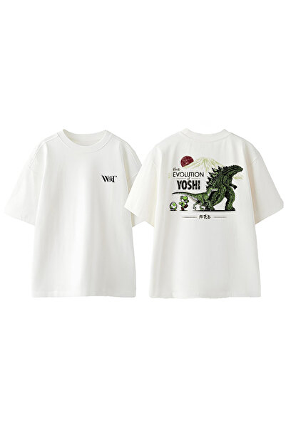 THEWERT Tricou supradimensionat alb din bumbac cu imprimeu pe spate The Evolution Of Yoshı Design